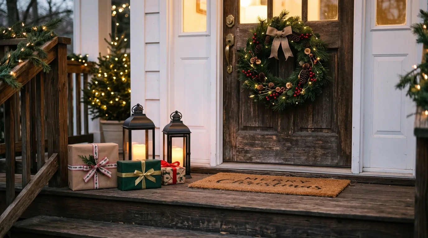 Use lanterns to create a softer winter glow inspiration for a Christmas porch.